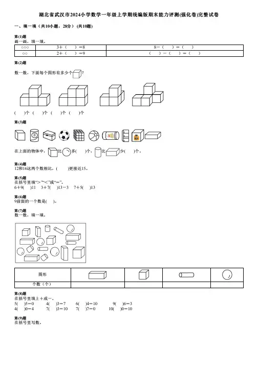 湖北省武汉市2024小学数学一年级上学期统编版期末能力评测(强化卷)完整试卷