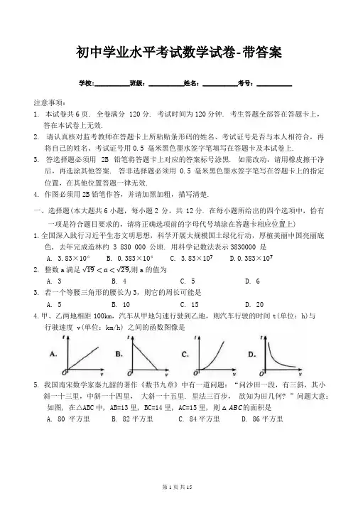 初中学业水平考试数学试卷-带答案