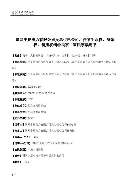 国网宁夏电力有限公司吴忠供电公司、任某生命权、身体权、健康权纠纷民事二审民事裁定书
