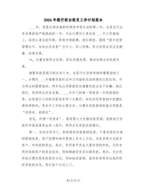 2024年银行柜台柜员工作计划范本（三篇）