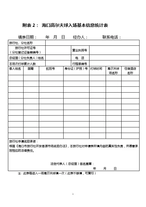 附表2海口高尔夫球入场基本信息统计表