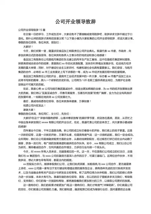 公司开业领导致辞15篇