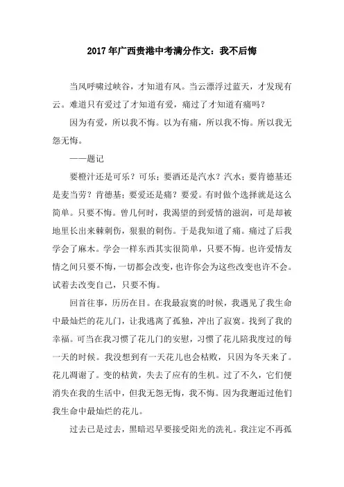 2017年广西贵港中考满分作文：我不后悔