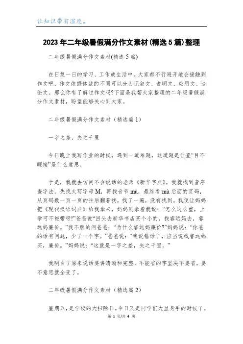 2023年二年级暑假满分作文素材(精选5篇)整理
