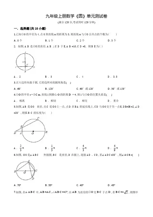 九年级上学期数学《圆》单元检测题含答案