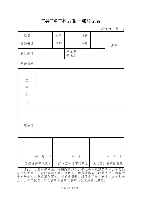 村级后备干部登记表