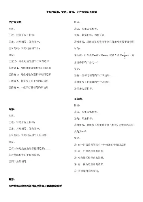 2023年八年级数学平行四边形矩形菱形正方形知识点总结