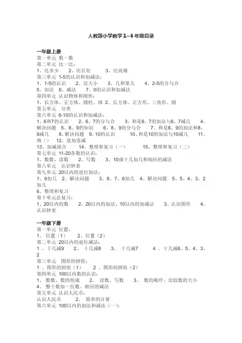 人教版小学数学课本1至6年级的目录