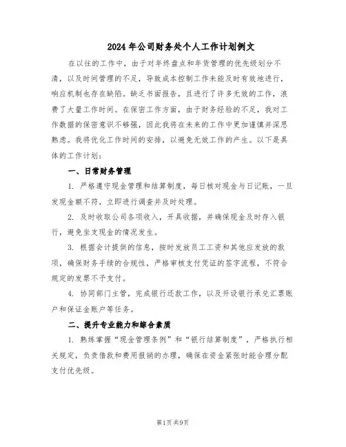 2024年公司财务处个人工作计划例文（五篇）