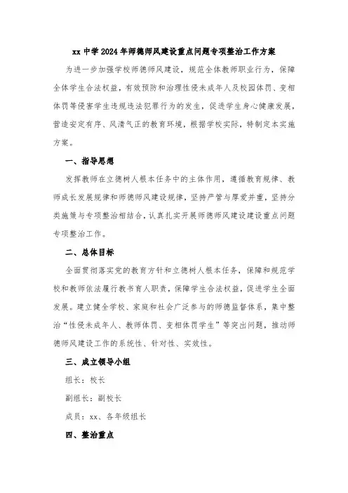 xx中学2024年师德师风建设重点问题专项整治工作方案