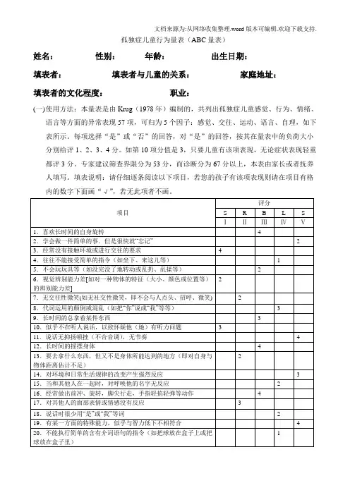 表六孤独症儿童行为量表(ABC量表)