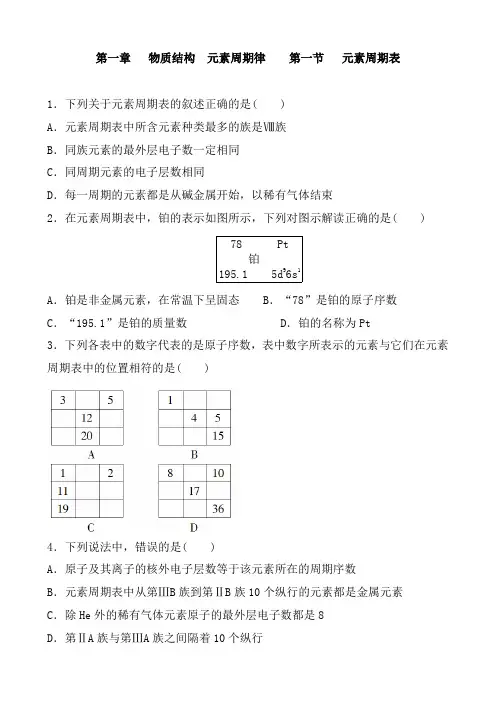 人教版高中化学必修二   第一章  物质结构 元素周期律    第一节  元素周期表  同步训练 含答案