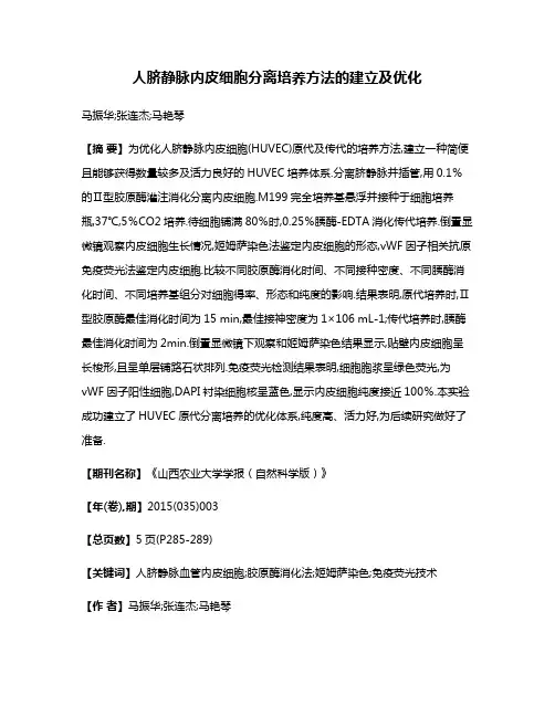 人脐静脉内皮细胞分离培养方法的建立及优化