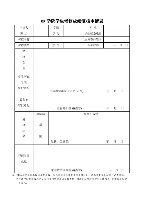 XX学院学生考核成绩复核申请表
