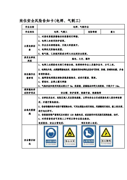 岗位安全风险告知卡(电焊、气割工)
