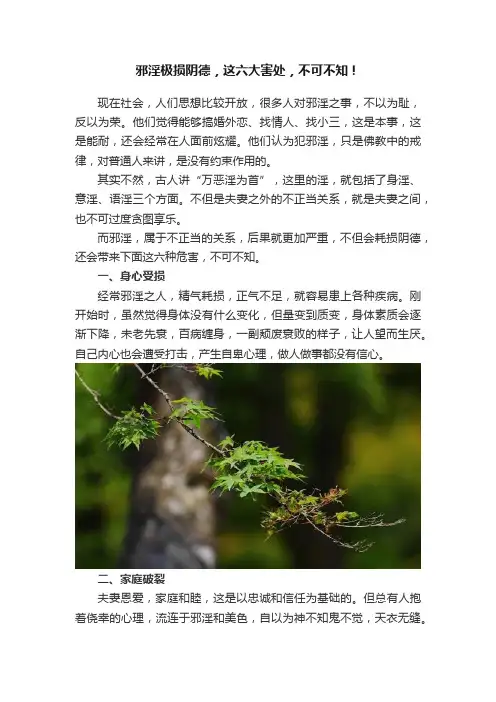 邪淫极损阴德，这六大害处，不可不知！