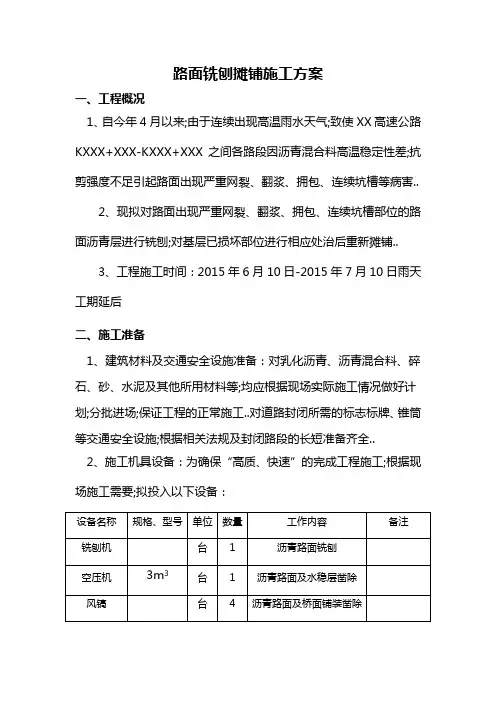 路面铣刨摊铺施工组织设计
