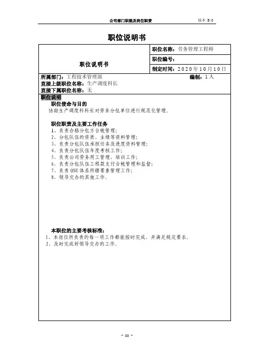 劳务管理工程师-岗位职责
