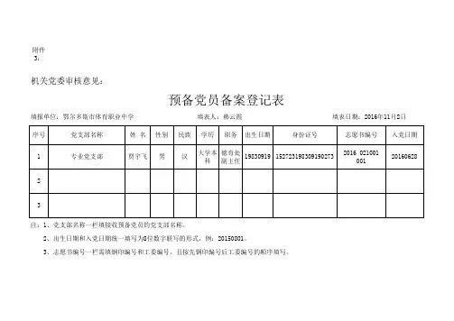 预备党员备案表