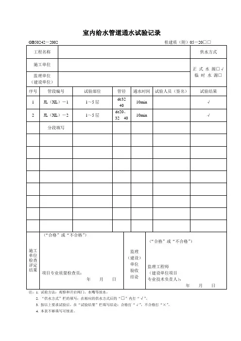 室内给水管道通水试验记录