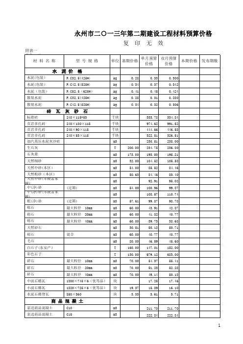 永州市2013年第2期(3~4月)建设工程材料预算价格表