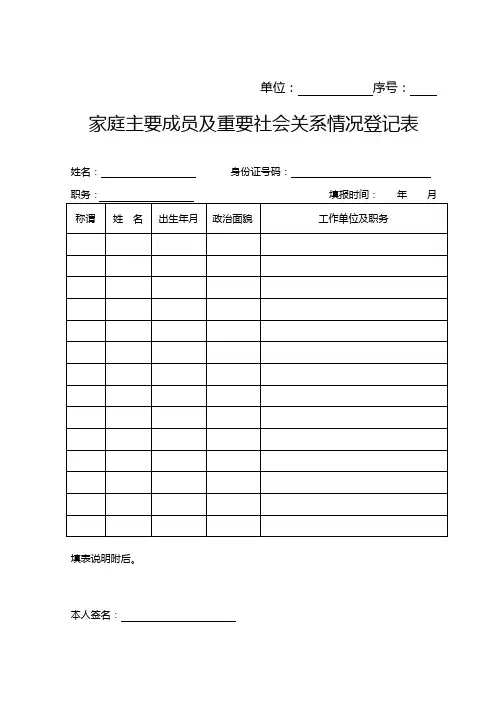 家庭主要成员及重要社会关系情况登记表