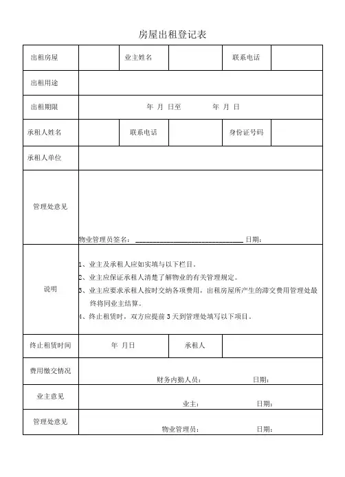 房屋出租登记表