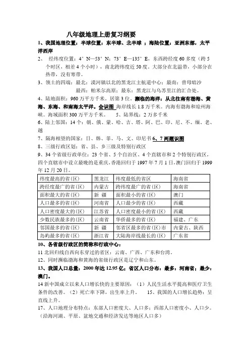 八年级地理上册复习纲要