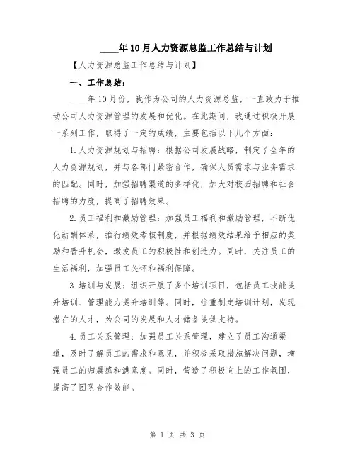 2024年10月人力资源总监工作总结与计划