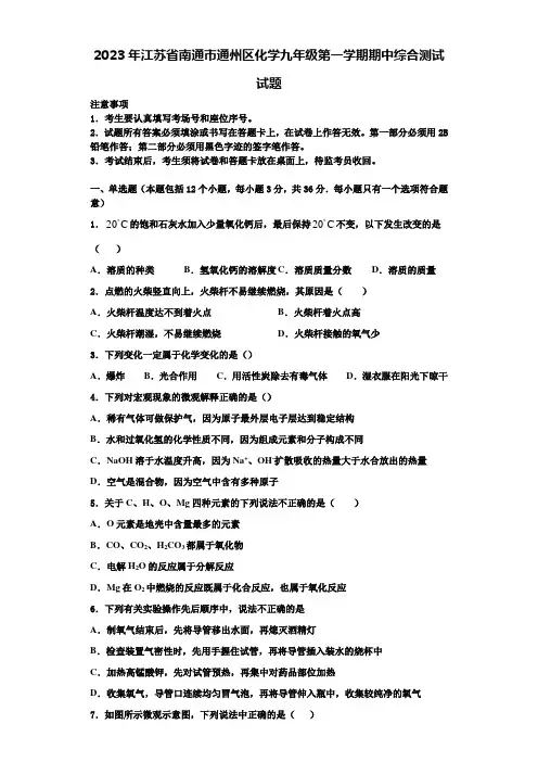 2023年江苏省南通市通州区化学九年级第一学期期中综合测试试题含解析