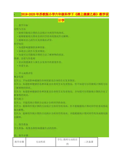 2019-2020年苏教版小学六年级科学下《踏上健康之路》教学设计学