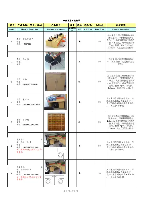 常用家具明细及材料要求