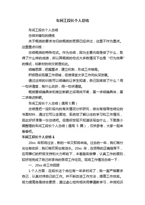 车间工段长个人总结（通用5篇）