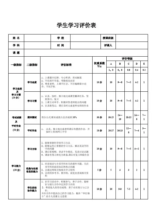 学生学习评价表