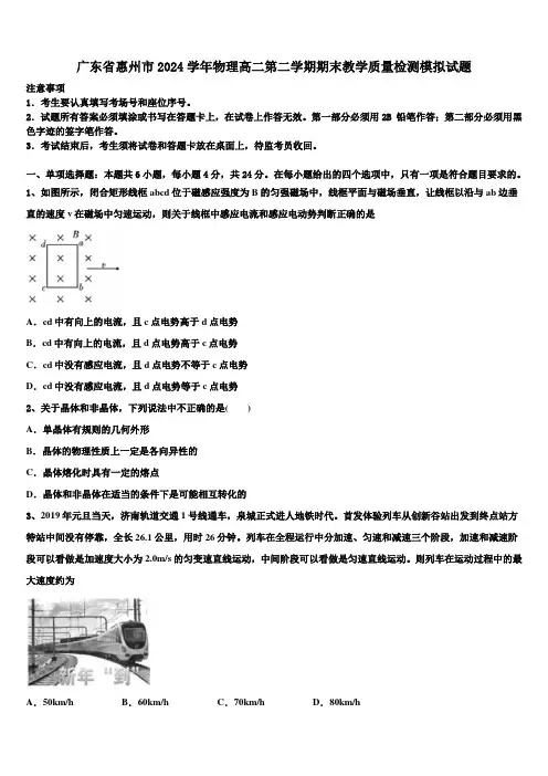 广东省惠州市2024学年物理高二第二学期期末教学质量检测模拟试题(含解析)