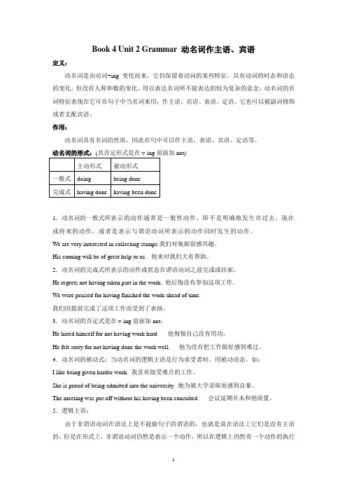 Book 4 Unit 2 Grammar 动名词作主语、宾语