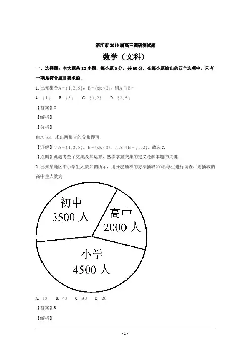 广东省湛江市2019届高三调研测试题数学(文科)---精校解析Word版