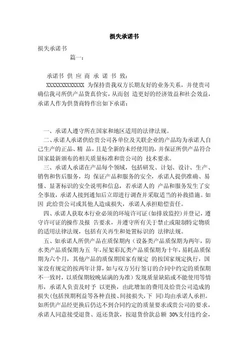 损失承诺书（模板）