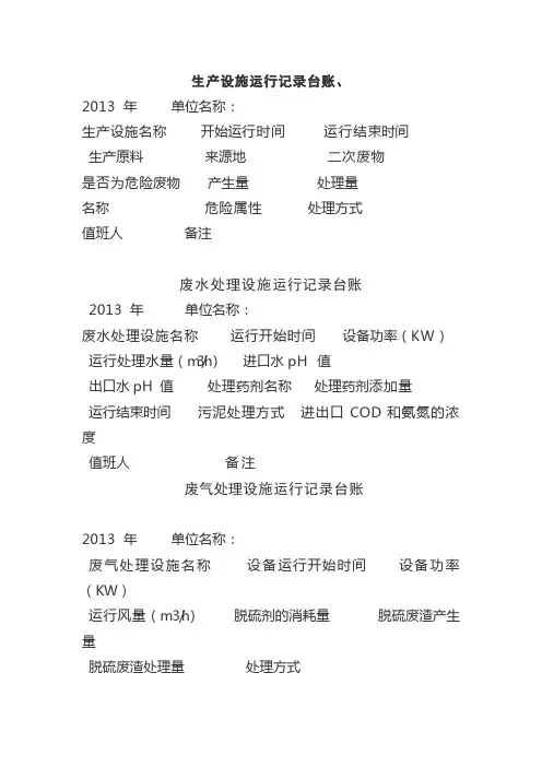 生产设施运行记录台账