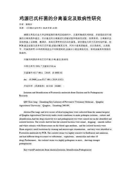 鸡源巴氏杆菌的分离鉴定及致病性研究