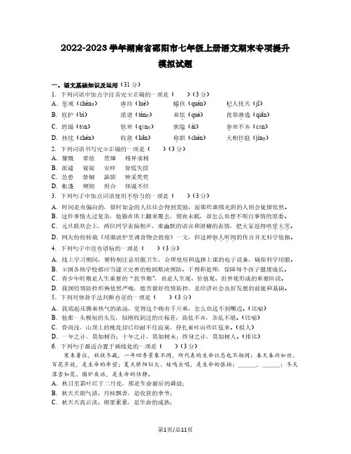 2022-2023学年湖南省邵阳市七年级上册语文期末专项提升模拟试题(含解析)