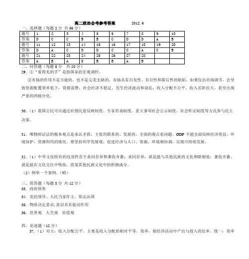 高二政治会考参考答案