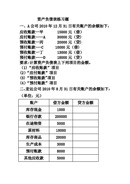 资产负债表练习题