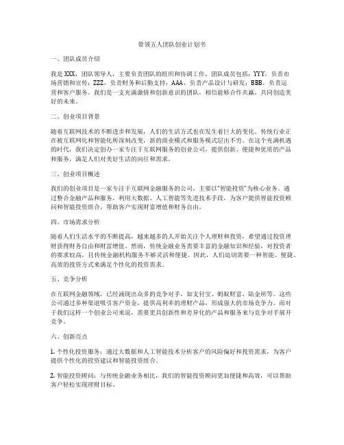 带领五人团队创业计划书