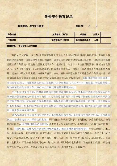 各类安全教育记录春节复工