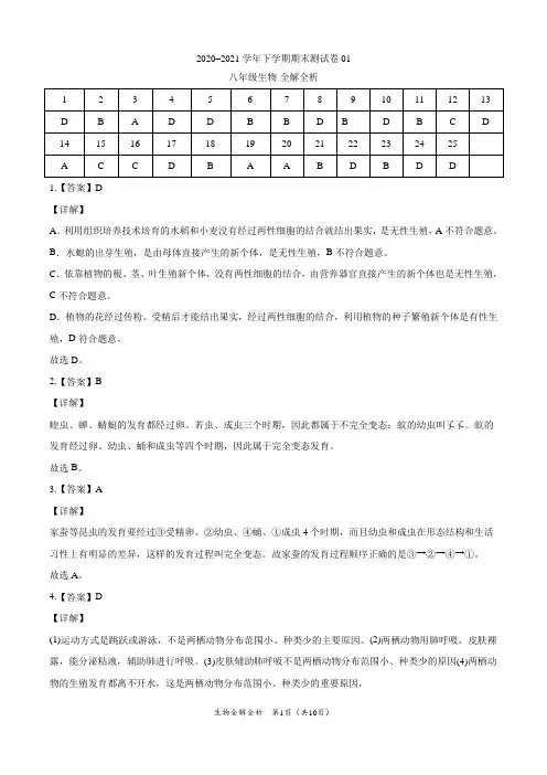 ：2020-2021学年八年级生物下学期期末测试卷(人教版)01(全解全析)