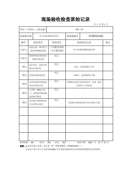 电气设备试验和试运行检验批质量验收原始记录