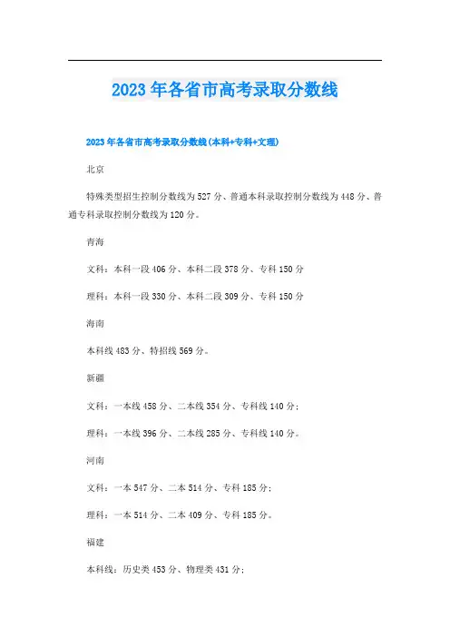 2023年各省市高考录取分数线