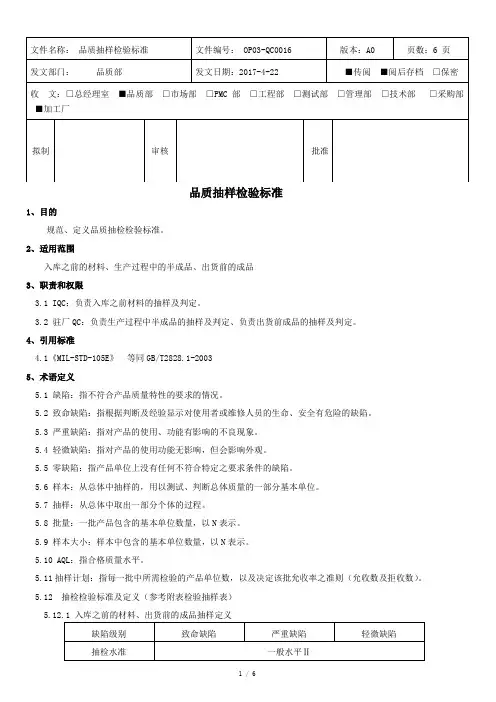 AQL抽样标准