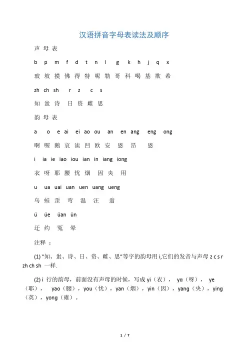 汉语拼音字母表读法及顺序